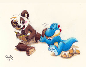 Yoshi sniffing panda paws by pandapaco