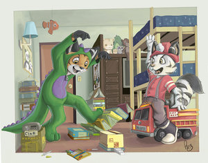 Dinosaur and firefigther at play by pandapaco