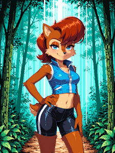 AI Sally Acorn in a forest by FurryFan1989
