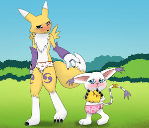 [comm] renamon, gatomon - dare to walk in panties by PonPonTheBonBon
