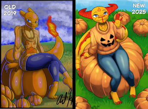 Then vs now - Naughty Sitting on a pumpkin by Bear213
