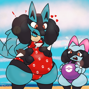 Lucario and Riolu Beach Bloat by EvoDevio67