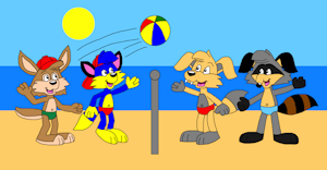 alex brucie shifty and bentley playing a volley ball at the beach by CartoonFoxArt2002