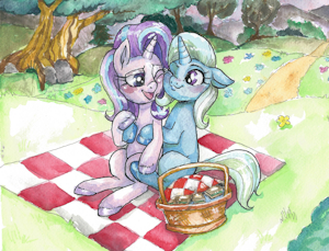 Starlight Glimmer and Trixie hugging while on a picnic by ButtercupSaiyan