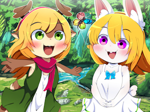 Best Friendship! A deer and a rabbit chasing butterflies in the summer forest by NEKOMO0