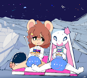 Rabbit and Cat on the Moon by BlushieBunny