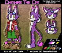 Cheshire Thaddeus Felonious by WhiteWhiskey - cat, male, reference sheet, shorts, oc, purple fur, pink fur, hawaiian shirt, tiger stripe, cheshire thaddeus felonious