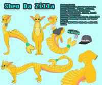 Sheo Zilla Reference Sheet by Slitherie - female, hat, hybrid, reference sheet, feral, collar, shark, eastern dragon, back view, front view, side view, several views, action view