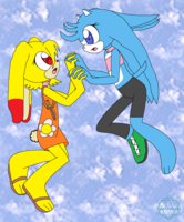 Karla and Karma Hedgie by BananaPantsParade - twins, bunny, female, sky, rabbit, clouds, hedgehog, karma, holding hands, dagger, karla, cyberdyne
