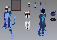Sam ref sheet by NeonRunes - cat, male, reference sheet, collar, neon, digital, mask, hair, cyborg, ref sheet, helmet, cybernetics, black sclera