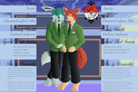 Poke Academy Host Club: Trevor & Austin Phyllali by FlamelPhoenix - male, hybrid, tails, character sheet, glaceon, flareon, barefoot, suits, necktie, goatee, parody, leafeon, slacks, host club, ouran academy host club