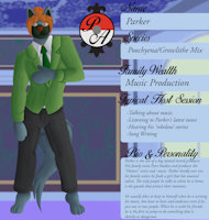 Poke Academy Host Club: Parker Underwood by FlamelPhoenix - male, hybrid, tie, tail, character sheet, ears, suit, barefoot, growlithe, parody, poochyena, slacks, host club