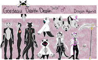 DeDe Reference Sheet by DeDe111 - dragon, male, hat, hybrid, clothes, pink, black, claws, death, grey, dad, scar, horns, eye, one, spikes, reaper, earrings, skull, scales, fan, scythe, grim, assimilation, jojo, male solo, minions, -dede-, gordeau, dede, hardcorecandystore