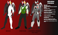 Nelson Femico Character Sheet by FlamelPhoenix - male, bat, tie, armor, wings, vest, spandex, boots, helmet, nes, waiter, kamen rider, slacks, power glove, sideshave