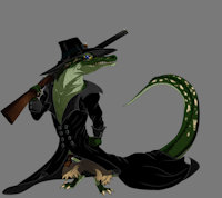 Alistair Garth by AFoxOfFiction - male, alligator, badass, reference, shotgun, monster hunter, image, pilgrim hat