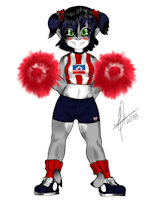 Shark girl Kila Cheerleader by Zcomic - kemono, female, shark, green eyes, black hair, cheerleader, antro, sexy pose, grey skin, pompoms, pony tail, sharkgirl, red uniform, olimpica