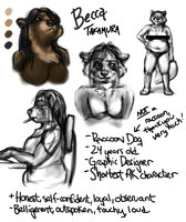 Anakuro Character Study: Becca by Anakuro - sketch, dog, cute, comic, female, underwear, canine, fat, chubby, character sheet, profile, character, ref, japanese, reference, curvy, expressions, earrings, study, tanuki, webcomic, plantigrade, anakuro, raccoon dog, becca