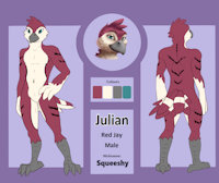 Julian AKA Squeeshy by squeeshy - red, male, bird, tail, portrait, character, sheet, feathers, bluejay, standing, headshot, redjay