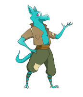 Character Concept Art: Bok by DragonLairGames - male, clothed, posing, concept art, promotion, purple eyes, kobold, tattered, blue skin, male/solo, promotional, dragon lair games, bok the kobold