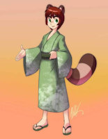 Toshi by Luhyzi - male, hybrid, tail, ears, shy, kind, kimono, nervous, tanuki, brown hair, yokai, sandals, loveable, hanyou