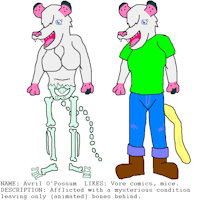 Avril O'Possum by UnstableSable - breasts, female, marsupial, skeleton, t-shirt, opossum, boots, bones, mottled, pouch, blue eyes, hips, white fur, pelvis, female/solo, bluejeans, exposed bones