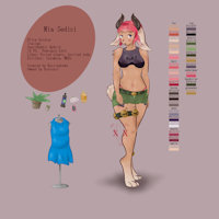 Mia Sedici ref sheet by Bratcatt - female, hybrid, reference sheet, dress, horns, solo, pink hair, long ears, lithe, female/solo