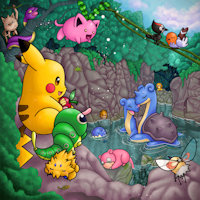 Poke paradise by Blume - pokemon, paradise, pikachu, monsters, lapras, pocket, slowpoke, hoppip, joltik