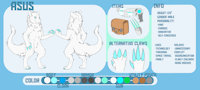 Asus by Queendin - male, reference sheet, white, fluffy, fur, gun, armor, cloak, weapon, blue eyes, energy, bag, energy claws, energy gun, utility pouch