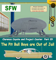 Clarence Coyote and Project Courier - Part 29 - The Pit Bull Boys are Out of Jail - SFW by moyomongoose - fox, cub, female, raccoon, wolf, male, lion, bear, otter, coyote, bobcat, car, wolverine, lynx, german shepard, binturong, booze, weasel, labrador, beaver, pit bull, jail, margay, thunderstorm, movie theater, tayra, shenanigans, cadillac, coatimundi, delinquents, new mexico, furclad, time travel machine, year 1960, chrysler 300, plymouth station wagon