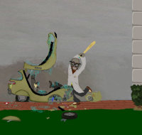 Larger Images of "Professor Crackinpot's Temper" by moyomongoose - male, human, student, college, professor, baseball bat, ambulance, temper, future car, medic crew, smash and bash