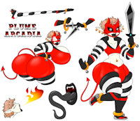 Plume Arcadia by GunslingerDragon - male, piercings, demon, muscle, mask, long tongue, curves, stretchy, large breasts, jester, male breasts, big lips, plume arcadia