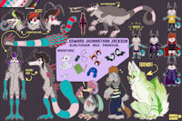 jackson reference sheet by BardoEnKrisis - wolf, male, reference sheet, canine, bird, alien, character sheet, monster, digital, furry, design, character, fursona, possum, antenna, outfit, rooster, fullbody, headshots, scalemate