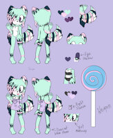 Loli the Lemurhusky Ref by Paigetheunicorn - female, hybrid, canine, paws, lollipop, goth, ref sheet, purple eyes, mobian, character reference, no shoes, gothic lolita, eye shadow, black nose, longhair, curled tail, pony tail, fluffy chest, pastel goth, black underwear, lemurhusky, gothic pastel, skull earrings