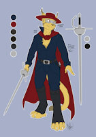 New D Ref Sheet by gamepopper - sword, cat, male, hat, reference sheet, mask, lynx, cape, ref sheet, hero, vigilante, zorro, rapier