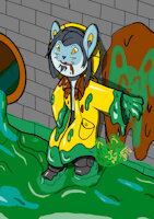 Luccio, the Gunky Cat (S&eacute;b's Alter Ego) by Furodetan - male, pokemon, rain, messy, oc, coat, boots, mud, muddy, swampert, pokesona, luxio, raincoat, sewer, mudfish