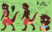 Kyle SFW Ref by DawnTheDragon - male, commission, otter, collar, smile, tattoo, necklace, swimwear, silver eyes, headshot, notes, brown fur, back view, front view, cream fur, norse pagan