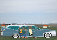 Exiting the Car to watch the Plane Takeoff by moyomongoose - female, male, cubs, coyote, airport, airplanes, station wagon, new mexico, year 1960, watching airplanes