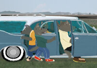 Exiting the Car to watch the Plane Takeoff - Zoom In by moyomongoose - female, male, cubs, coyote, airport, station wagon, new mexico, year 1960, watching planes