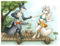 William and Henriata Baggins by TobyBaggins - fox, female, male, dancing, red fox, romantic, piebald, william, couples, dock, swimsuits, grey fox, crossfox, michelelight, michele light, henrietta, romantic couple, bagginsbandb, piebald fox, henrietta baggins, william baggins