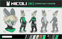 My first Character Sheet by NicoRabbit - bunny, male, rabbit, demon, character sheet, armor, character, sheet, horns, spikes, green eyes, blonde hair, long ears, fluffy tail, armour, nic, nicoli, derideal, demonkin, karabasan