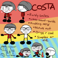 costa reference sheet by costadelcid - male, glasses, blushing, nerd, simple background, mouth open, stick figure, simplex