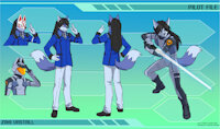 Reference Sheet: Zaki Vastall by RaxkiYamato by Zaki31 - sword, fox, male, reference sheet, silver fox, mask, avatar, vulpine, fursona, reference, uniform, black hair, helmet, blue fox, gundam, flight suit, male solo, kitsune mask, gundam build divers, gbd, sonic blade, sword stance