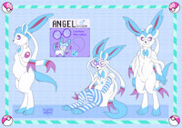 Angel reference sheet by BardoEnKrisis - glasses, reference sheet, sitting, pokemon, anthro, shiny, feral, text, pokeball, sylveon
