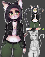 Sulli character sheet by Airamdeer - girl, cat, feline, kitten, kitty, female, reference sheet, character sheet, design, character, sheet, reference, green eyes, catgirl, body, outfit, character reference, charactersheet, referencesheet, character ref, character design, references, gray fur