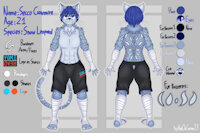Secco Clawmire (Character sheet) by Phlickie - feline, snow leopard, male, reference sheet, shorts, muscular, snowleopard, leopard, scar, oc, blue hair, logo, blue eyes, bandages, blue fur, felid, original character, referencesheet, solo/male, solo/m, black shorts, phlickie, secco clawmire