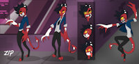 Zip - Helluva Ref Sheet by ClassicEIGHT - male, jacket, reference sheet, tie, demon, tail, character sheet, spots, imp, spotted, suit, smile, horns, ref, grin, skinny, oc, ref sheet, reference, smoking, yellow eyes, long tongue, black hair, zip, poses, glowing eyes, sharp teeth, original character, character reference, referencesheet, missing tooth, blue shirt, forked tongue, tattered clothes, character profile, slit pupils, flowing hair, pointed tail, skinny male, helluvaboss, helluva boss, skinny legs, helluvabossfanart, classiceight