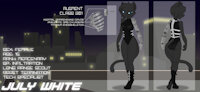 July White - Cat's Meow by ClassicEIGHT - cat, female, teen, reference sheet, teenager, character sheet, city, young, background, cyborg, text, ref sheet, july, buildings, blue eyes, words, black cat, cybernetics, robotic arm, character reference, black fur, skin tight suit, small breasts, slim, character ref, skin tight, combat boots, teen girl, cat suit, cybernetic arm, teenage girl, classiceight, july white