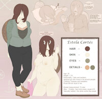 Estela Reference. by Bzehburger - female, shell, bra, chubby, character sheet, tall, oc, big breasts, brown hair, snail, gastropod, eyes hidden, estela cortes
