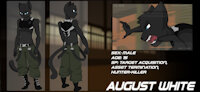 August White - No Escape by ClassicEIGHT - cat, feline, male, teen, teenager, character sheet, claws, teeth, fangs, snarl, military, young, armor, character, assassin, stoic, scream, reference, blue eyes, open mouth, yelling, murderer, glare, staring, glaring, mercenary, black cat, killer, character reference, black fur, merc, august, character ref, paramilitary, battle cry, classiceight, august white, war cry