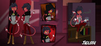 Jacleen - Helluva Ref Sheet by ClassicEIGHT - girl, female, teen, reference sheet, sitting, demon, teenager, character sheet, imp, city, teeth, young, devil, weed, joint, smoke, daughter, character, horns, slender, tattoos, ref, background, oc, hoodie, con, shadows, boss, shady, reference, boots, smoking, yellow eyes, black hair, short hair, zip, glowing eyes, tank top, sharp teeth, cocky, marijuana, warehouse, dusk, liar, original character, streets, grifter, red pants, small breasts, slim, night sky, teen girl, red skin, scam, black horns, scammer, teenage girl, helluva, con artist, helluva boss, classiceight, jacleen